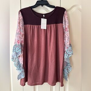 E Retro Women’s Waffle-Knit Top w/Wide Floral Ruffle Sleeves in Rose and Mauve